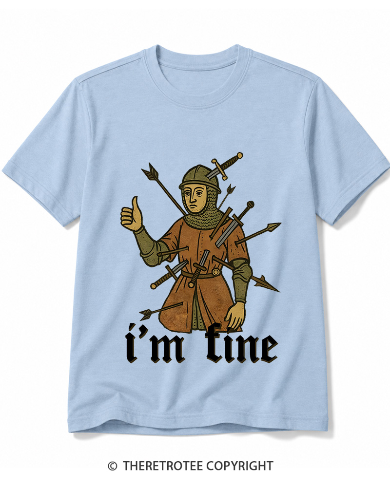 TheRetroTee Medieval Knight I’m Fine 1970s Cotton T-Shirt