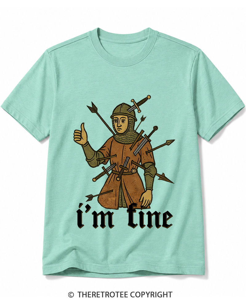 TheRetroTee Medieval Knight I’m Fine 1970s Cotton T-Shirt