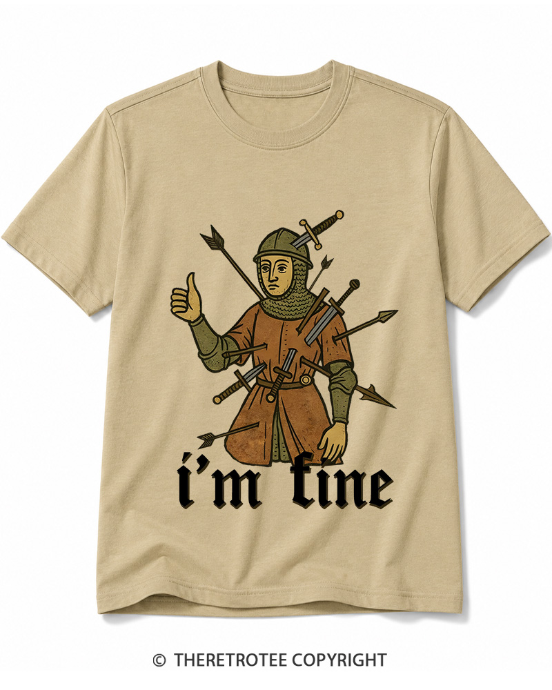 TheRetroTee Medieval Knight I’m Fine 1970s Cotton T-Shirt