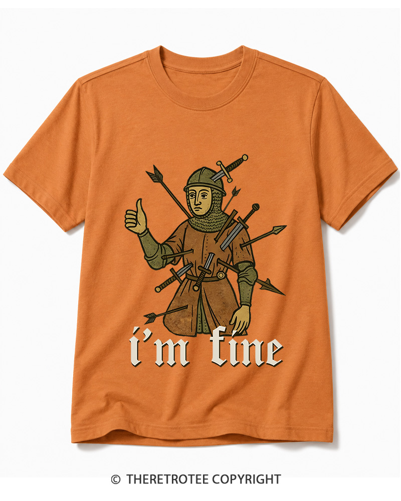 TheRetroTee Medieval Knight I’m Fine 1970s Cotton T-Shirt