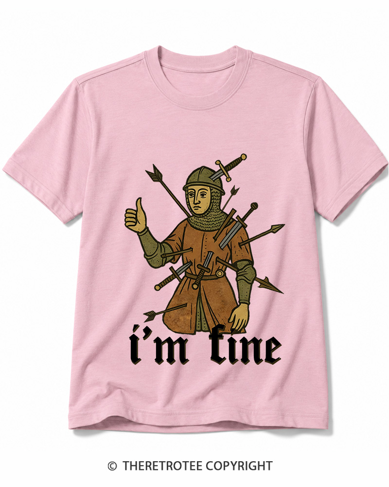 TheRetroTee Medieval Knight I’m Fine 1970s Cotton T-Shirt