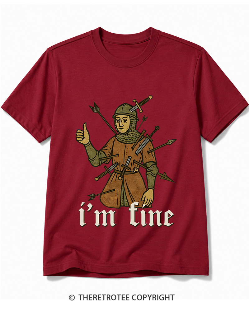 TheRetroTee Medieval Knight I’m Fine 1970s Cotton T-Shirt