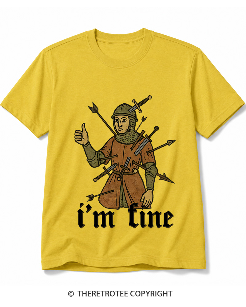 TheRetroTee Medieval Knight I’m Fine 1970s Cotton T-Shirt