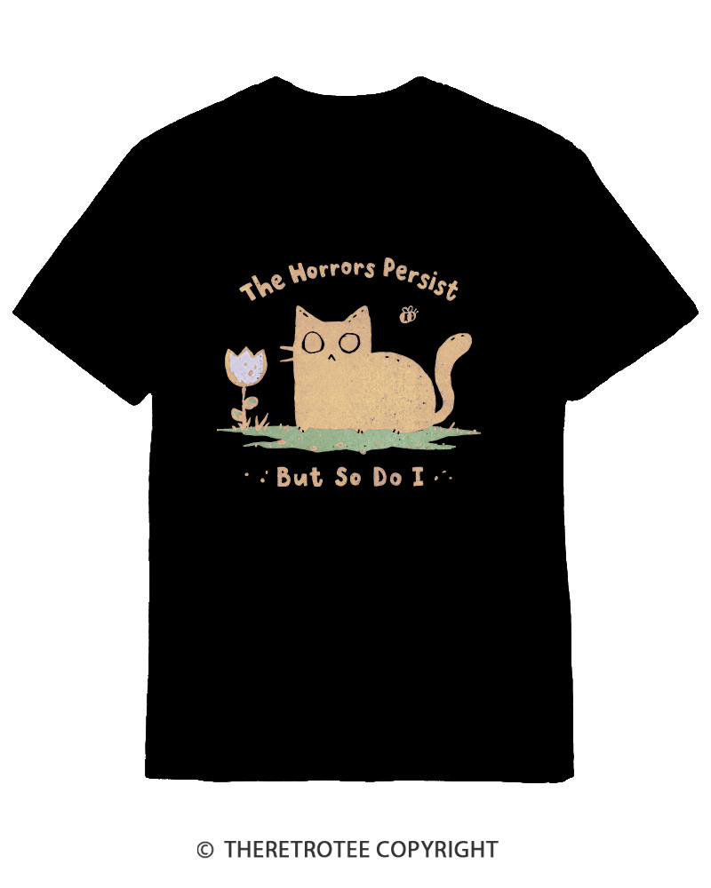 TheRetroTee Dark Humor Cat “Still Here” Cotton T-Shirt