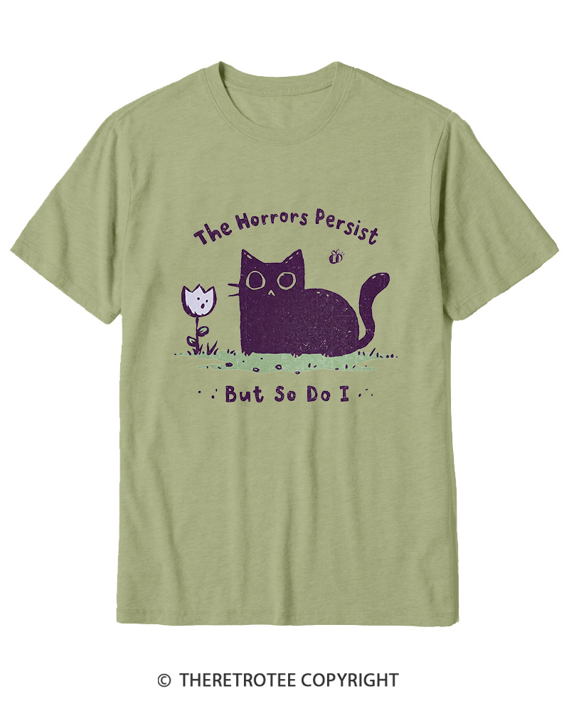 TheRetroTee Dark Humor Cat “Still Here” Cotton T-Shirt