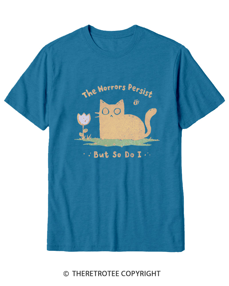 TheRetroTee Dark Humor Cat “Still Here” Cotton T-Shirt