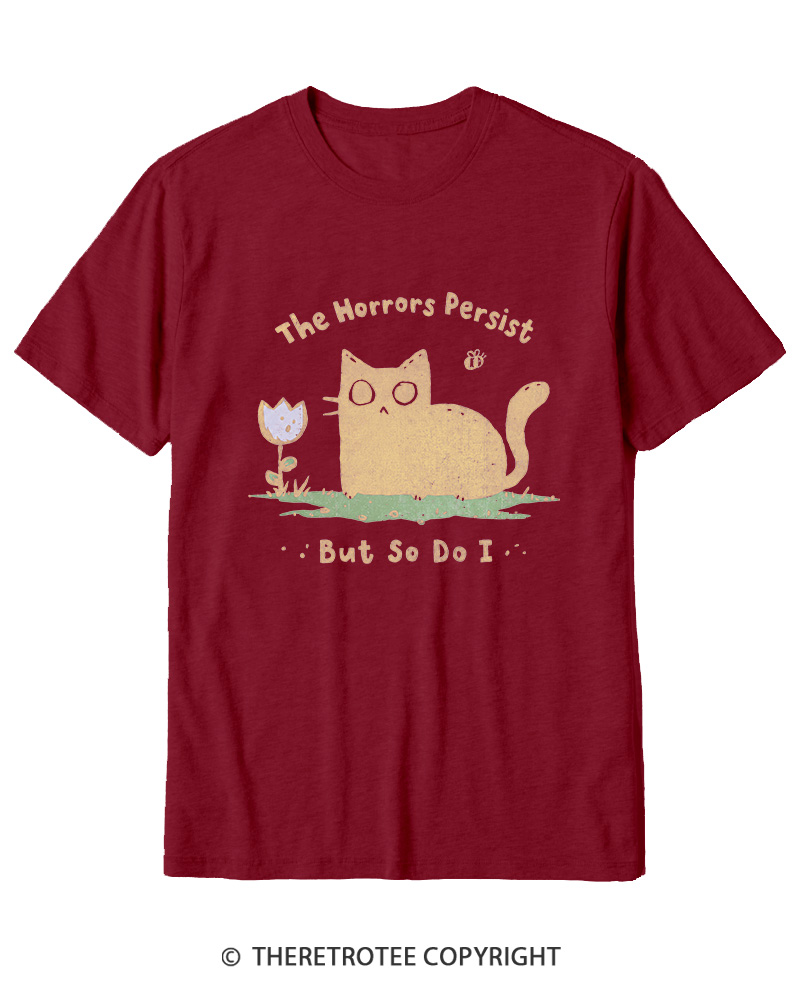 TheRetroTee Dark Humor Cat “Still Here” Cotton T-Shirt