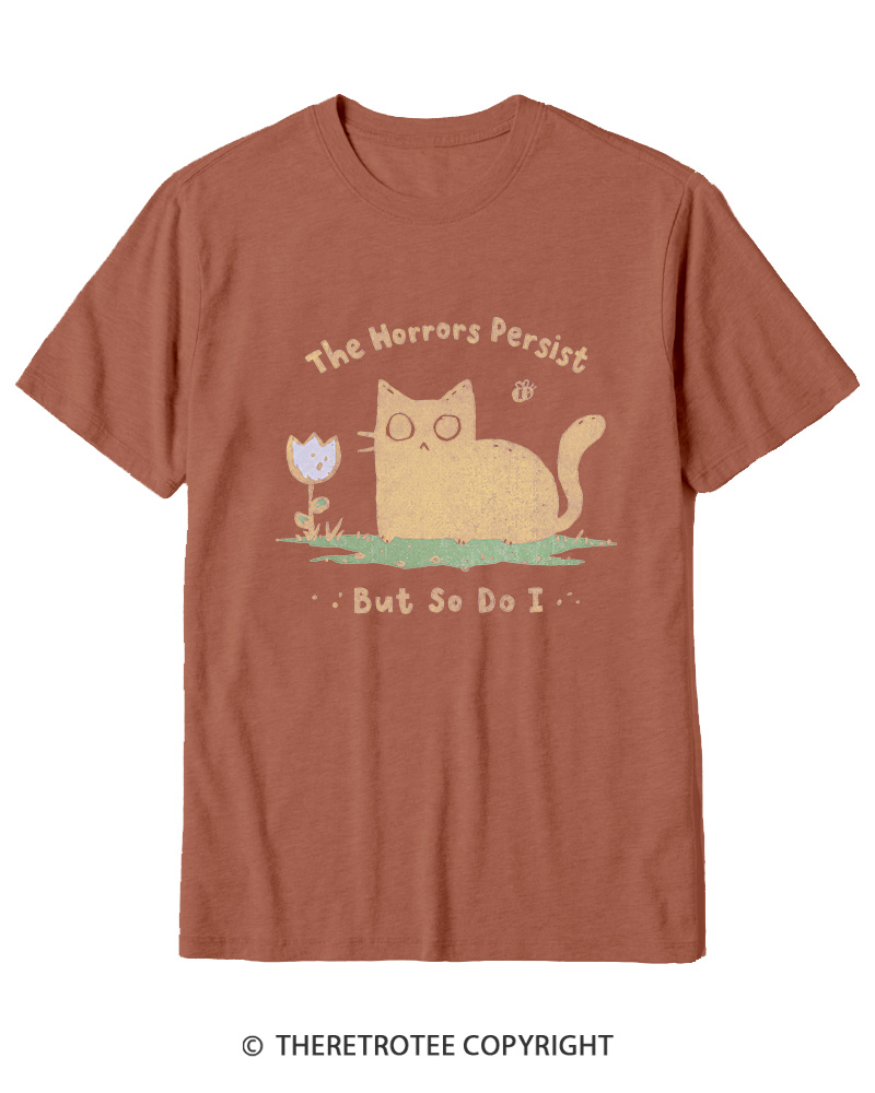 TheRetroTee Dark Humor Cat “Still Here” Cotton T-Shirt