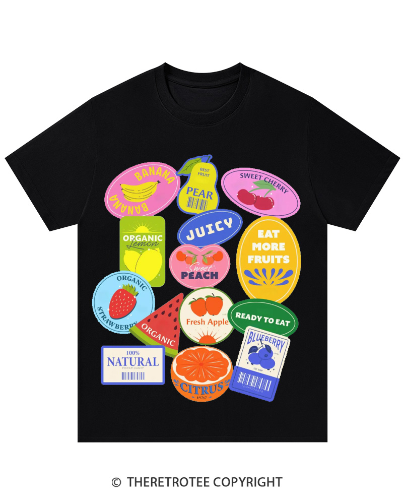 TheRetroTee Fruit Stickers 1990s Cotton T-Shirt