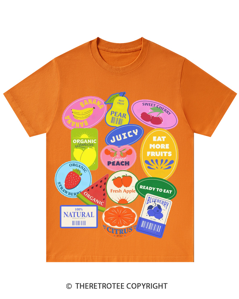 TheRetroTee Fruit Stickers 1990s Cotton T-Shirt