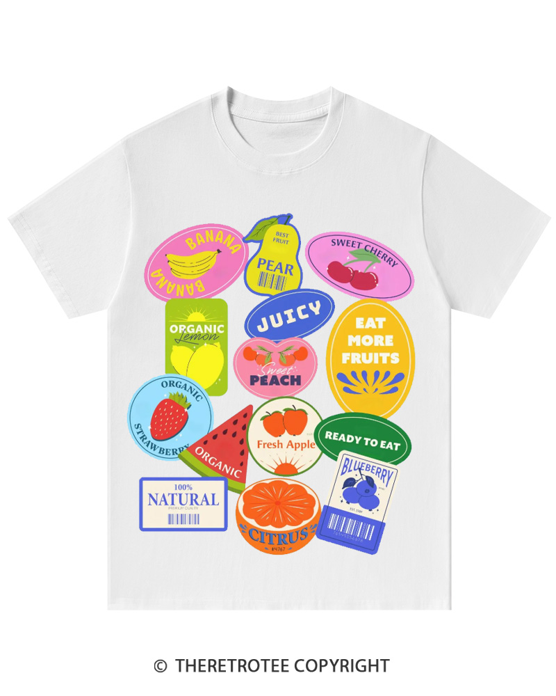TheRetroTee Fruit Stickers 1990s Cotton T-Shirt