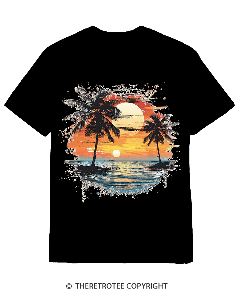 TheRetroTee Beach Sunset With Palm Trees 1980s Cotton T-Shirt