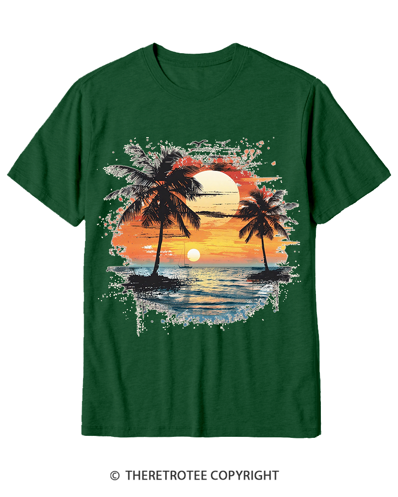 TheRetroTee Beach Sunset With Palm Trees 1980s Cotton T-Shirt
