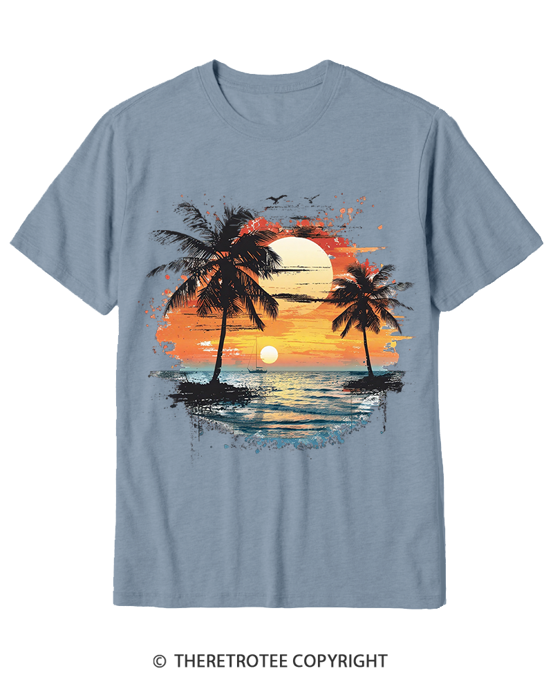 TheRetroTee Beach Sunset With Palm Trees 1980s Cotton T-Shirt