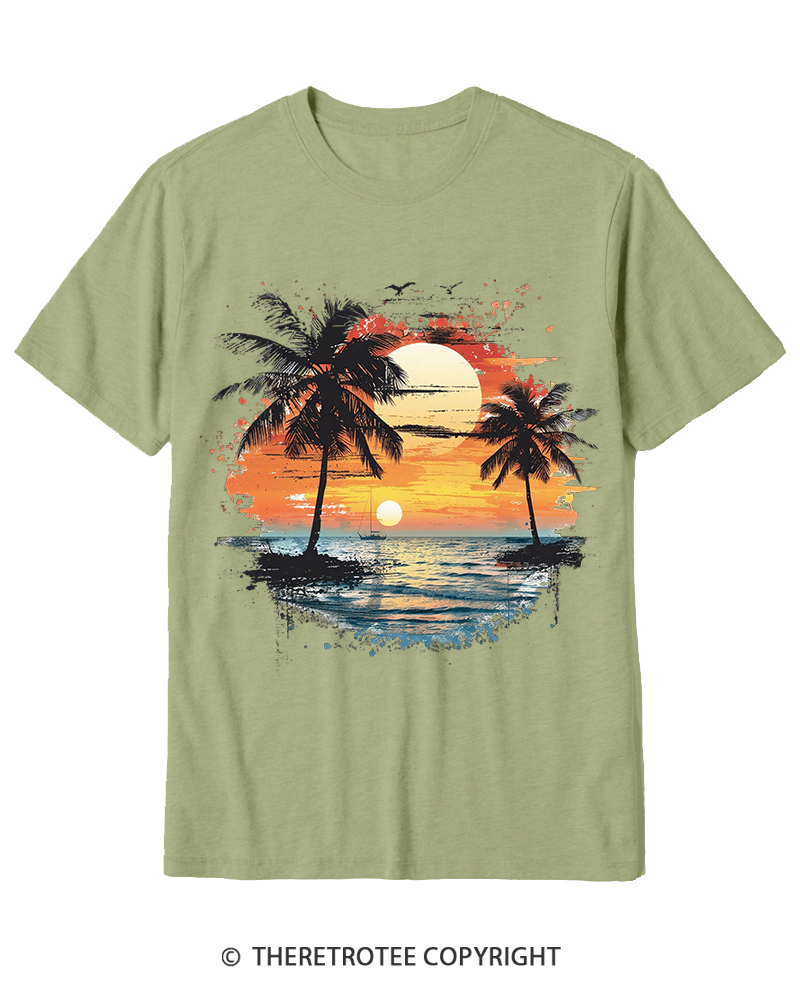 TheRetroTee Beach Sunset With Palm Trees 1980s Cotton T-Shirt