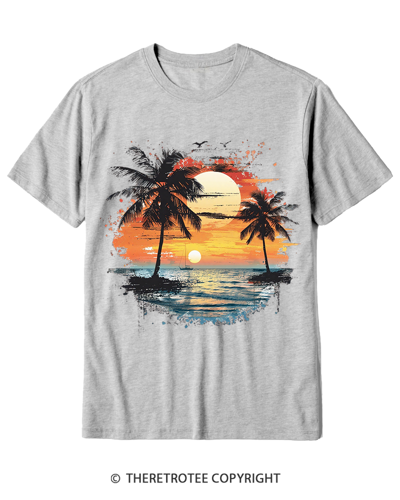TheRetroTee Beach Sunset With Palm Trees 1980s Cotton T-Shirt