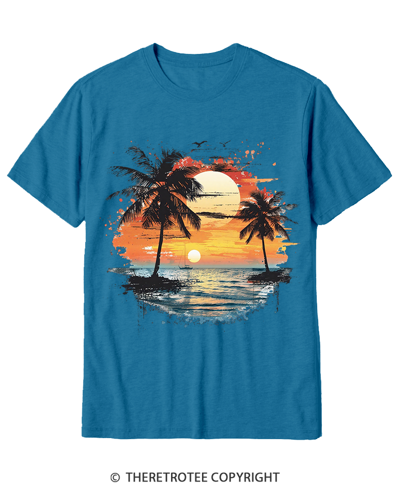 TheRetroTee Beach Sunset With Palm Trees 1980s Cotton T-Shirt