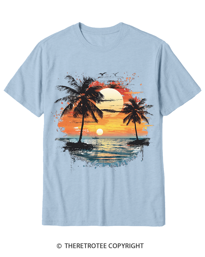 TheRetroTee Beach Sunset With Palm Trees 1980s Cotton T-Shirt