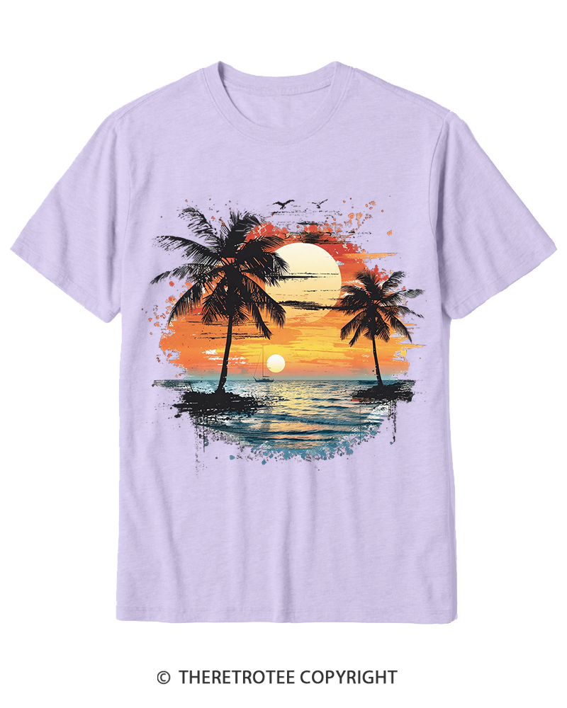 TheRetroTee Beach Sunset With Palm Trees 1980s Cotton T-Shirt