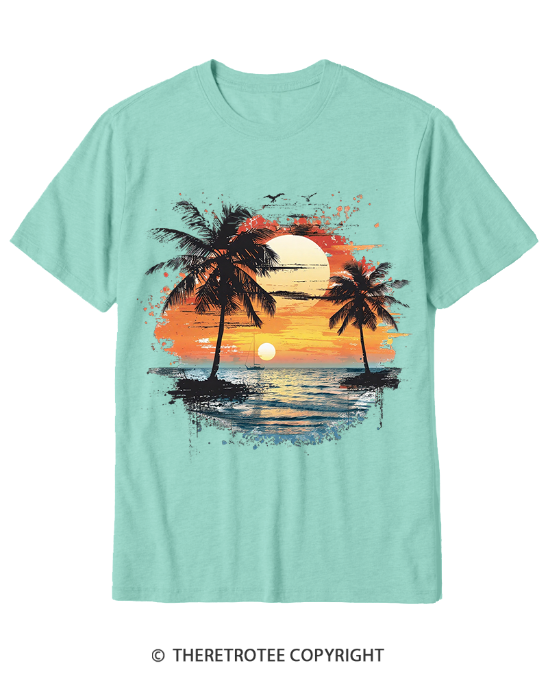TheRetroTee Beach Sunset With Palm Trees 1980s Cotton T-Shirt
