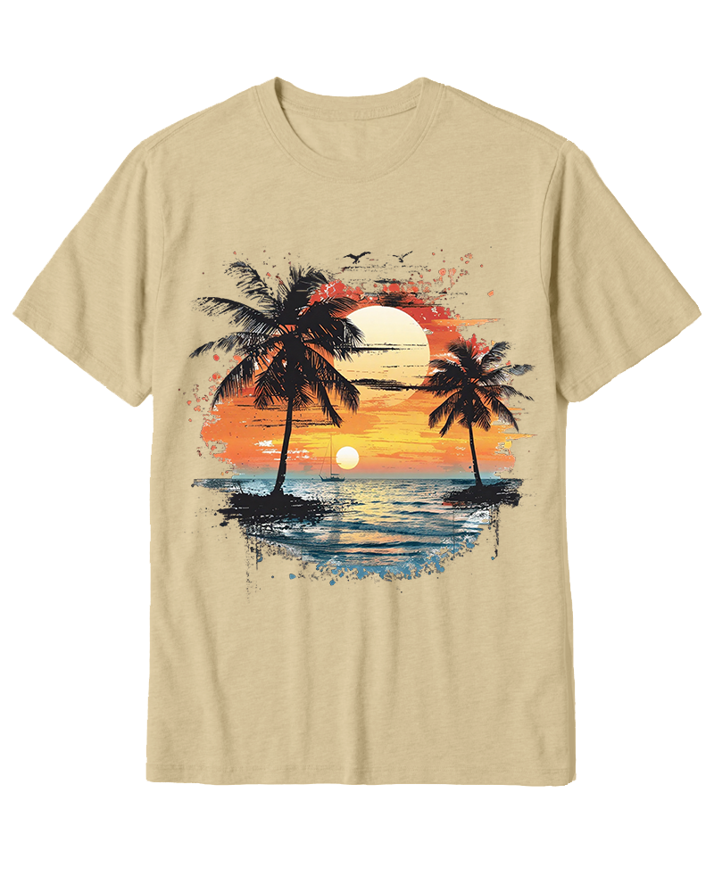 TheRetroTee Beach Sunset With Palm Trees 1980s Cotton T-Shirt