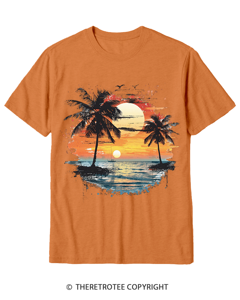 TheRetroTee Beach Sunset With Palm Trees 1980s Cotton T-Shirt