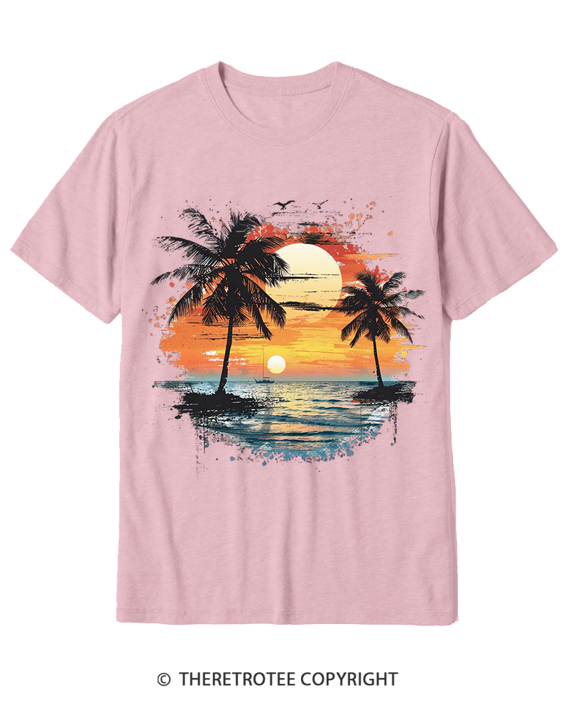 TheRetroTee Beach Sunset With Palm Trees 1980s Cotton T-Shirt