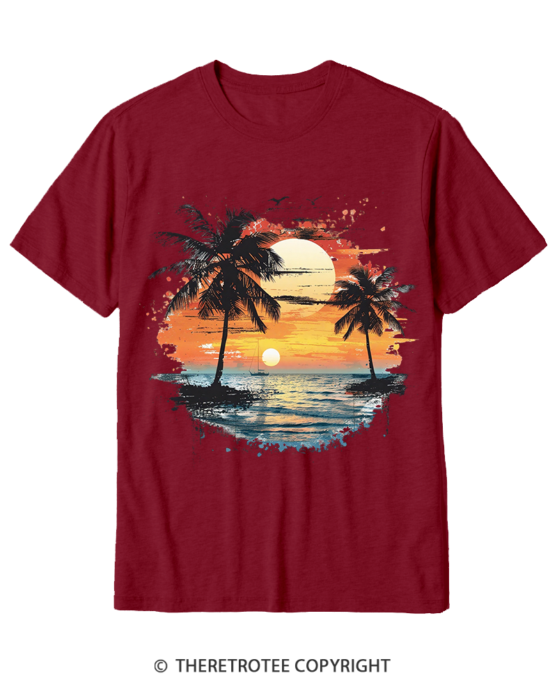 TheRetroTee Beach Sunset With Palm Trees 1980s Cotton T-Shirt