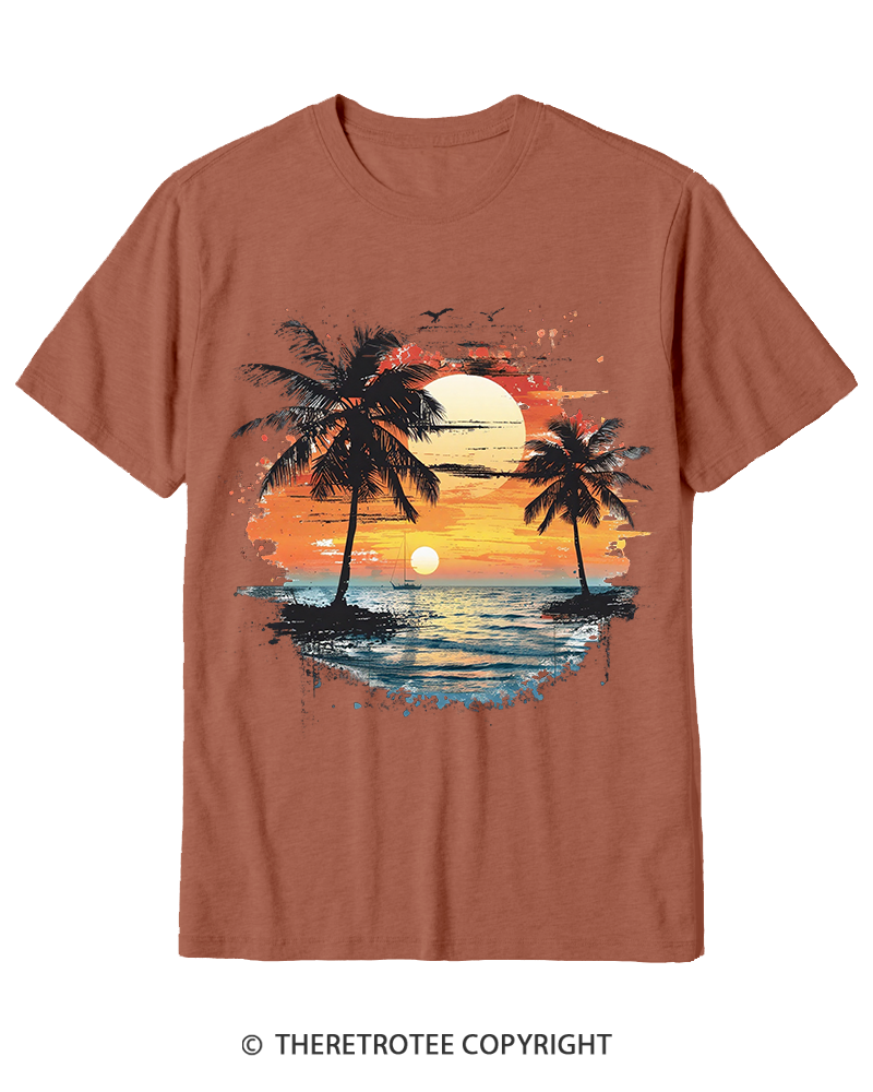 TheRetroTee Beach Sunset With Palm Trees 1980s Cotton T-Shirt