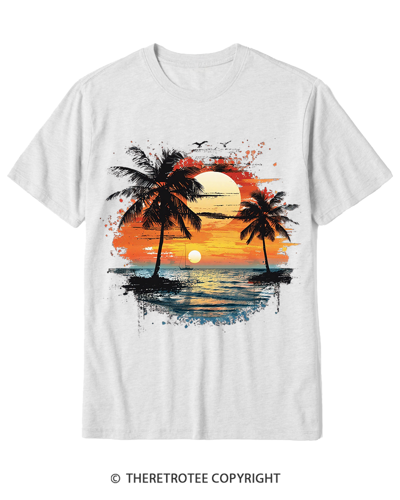 TheRetroTee Beach Sunset With Palm Trees 1980s Cotton T-Shirt