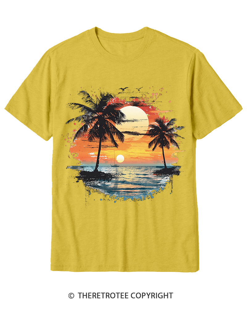 TheRetroTee Beach Sunset With Palm Trees 1980s Cotton T-Shirt