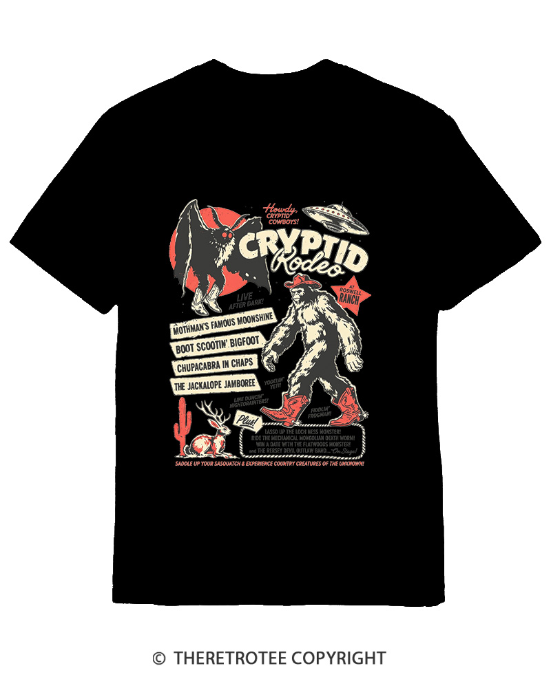 TheRetroTee Cryptid Rodeo Mothman Chupacabra Jackalope Cowboy 1970s Cotton T-Shirt