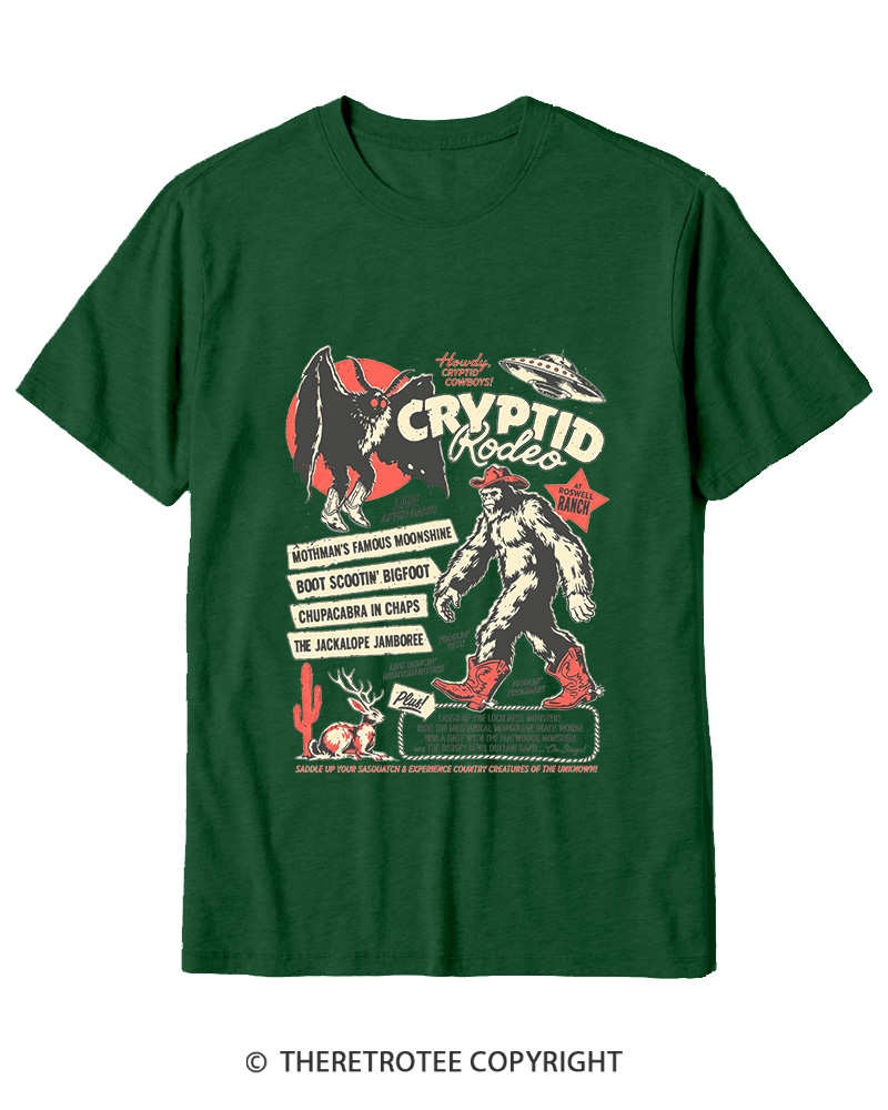 TheRetroTee Cryptid Rodeo Mothman Chupacabra Jackalope Cowboy 1970s Cotton T-Shirt