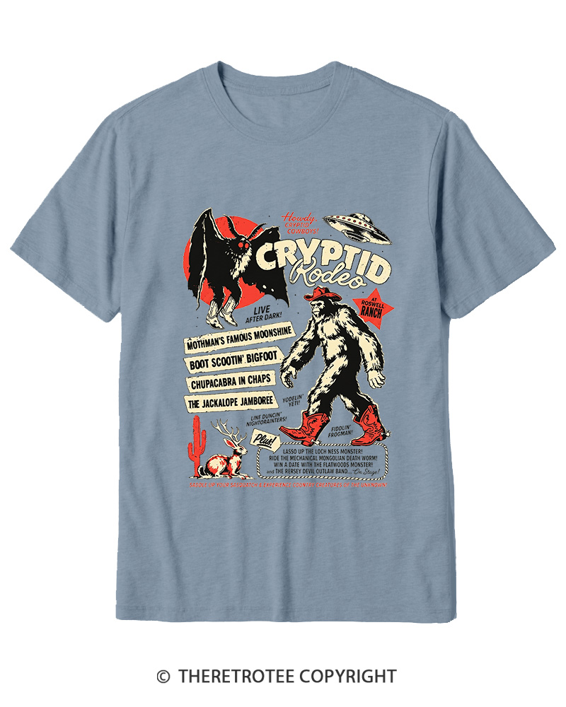 TheRetroTee Cryptid Rodeo Mothman Chupacabra Jackalope Cowboy 1970s Cotton T-Shirt