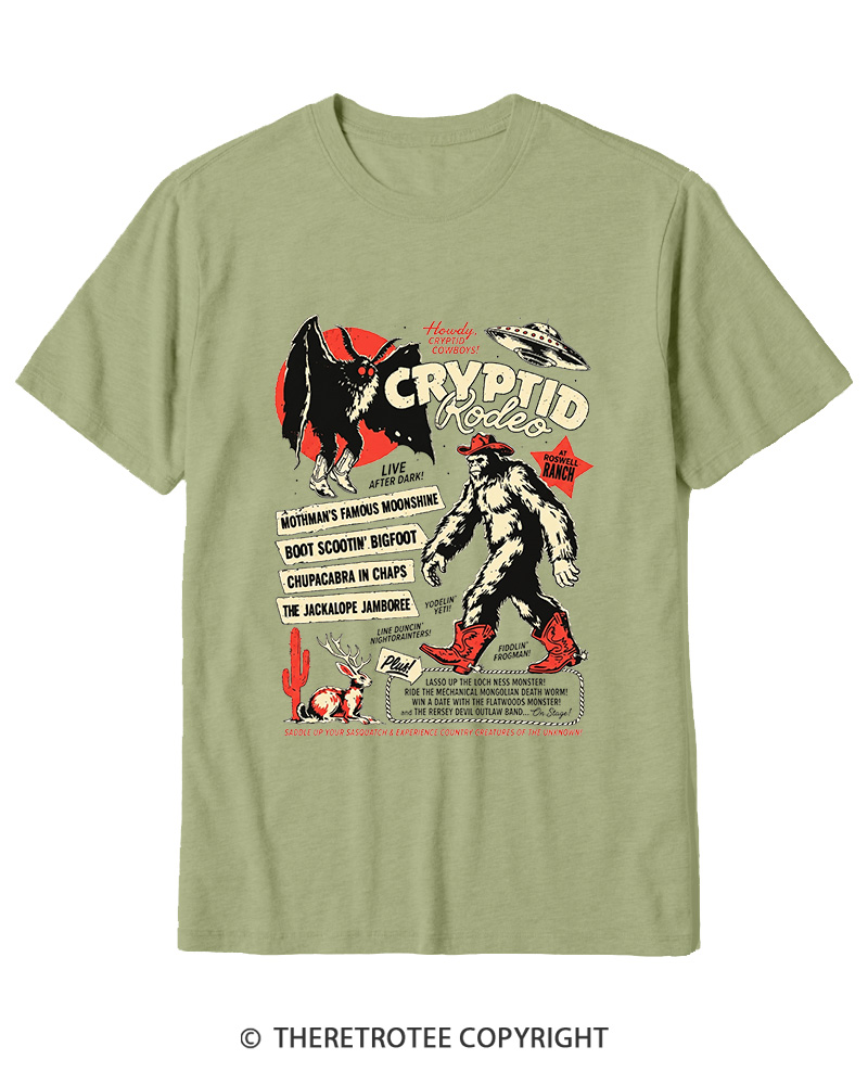 TheRetroTee Cryptid Rodeo Mothman Chupacabra Jackalope Cowboy 1970s Cotton T-Shirt