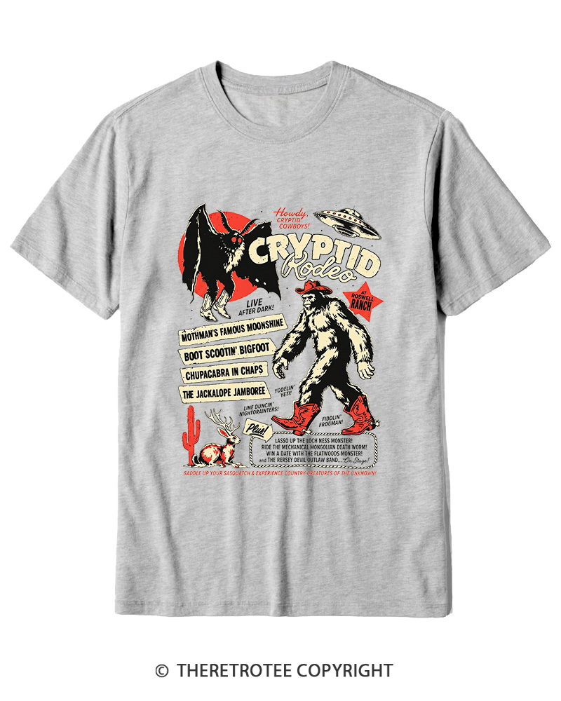 TheRetroTee Cryptid Rodeo Mothman Chupacabra Jackalope Cowboy 1970s Cotton T-Shirt