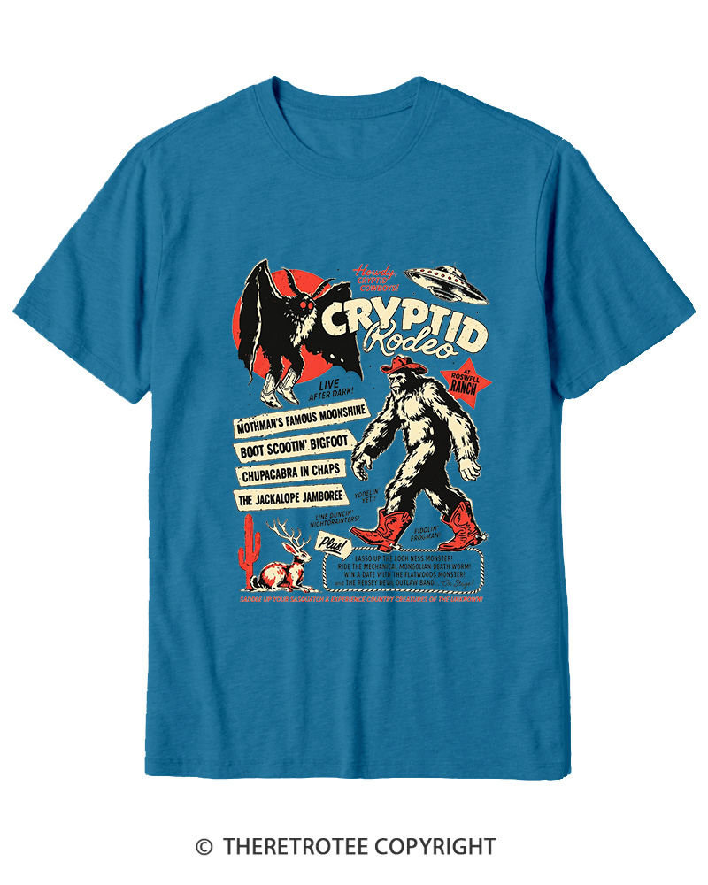 TheRetroTee Cryptid Rodeo Mothman Chupacabra Jackalope Cowboy 1970s Cotton T-Shirt