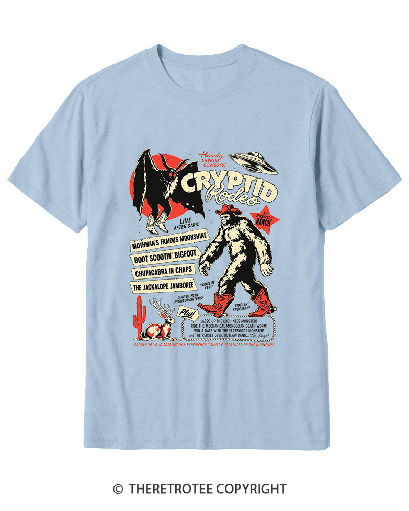 TheRetroTee Cryptid Rodeo Mothman Chupacabra Jackalope Cowboy 1970s Cotton T-Shirt