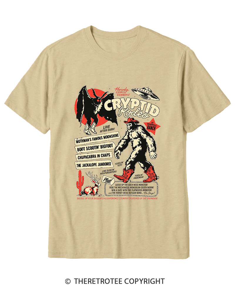 TheRetroTee Cryptid Rodeo Mothman Chupacabra Jackalope Cowboy 1970s Cotton T-Shirt