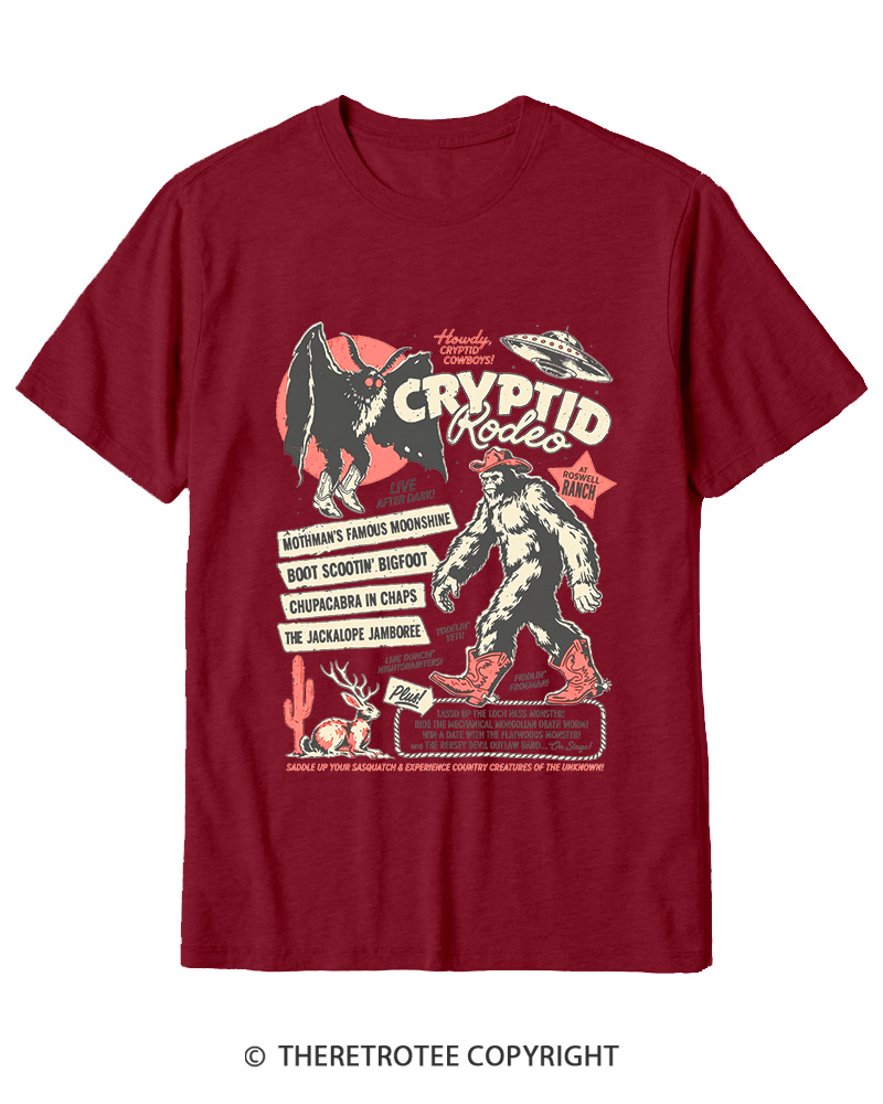 TheRetroTee Cryptid Rodeo Mothman Chupacabra Jackalope Cowboy 1970s Cotton T-Shirt