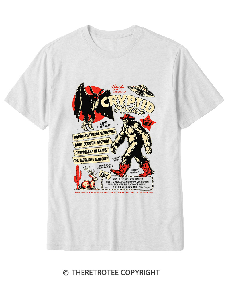 TheRetroTee Cryptid Rodeo Mothman Chupacabra Jackalope Cowboy 1970s Cotton T-Shirt