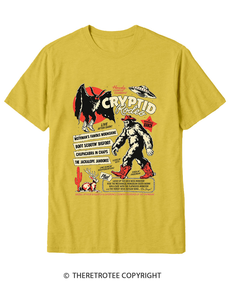 TheRetroTee Cryptid Rodeo Mothman Chupacabra Jackalope Cowboy 1970s Cotton T-Shirt