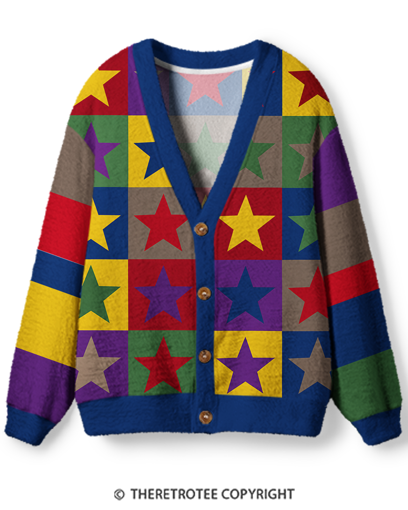 TheRetroTee 1970s Colorful Star Patchwork Unisex Cardigan Sweater