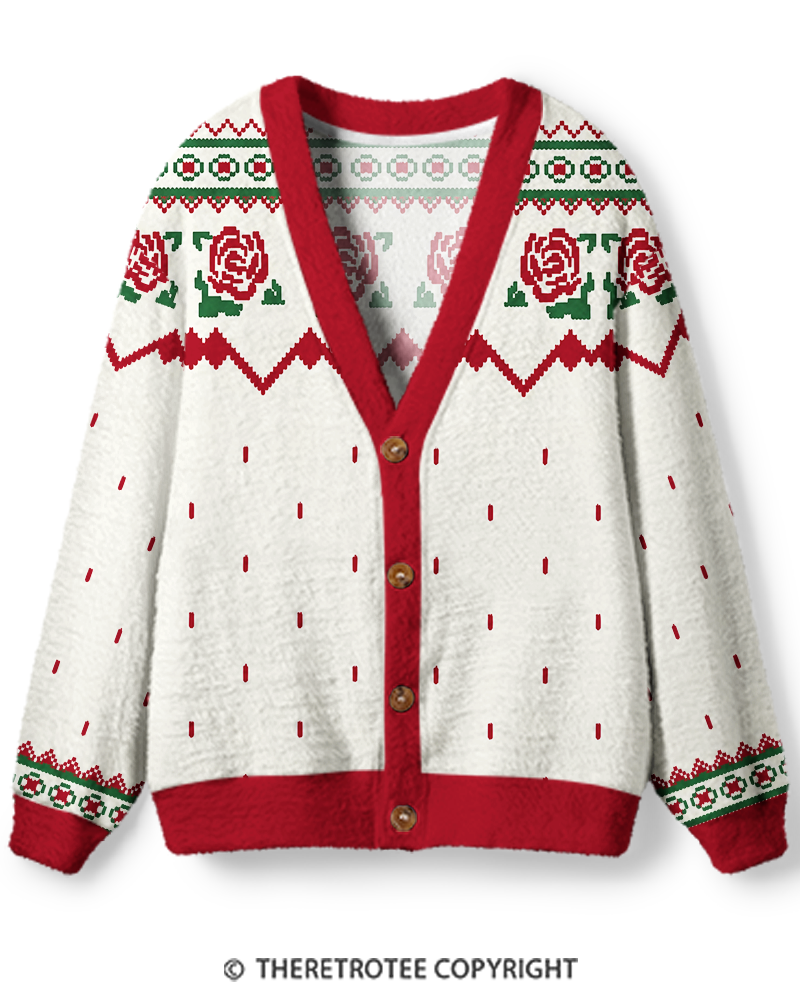 TheRetroTee 1970s Classic Holiday Rose Pattern Unisex Cardigan Sweater