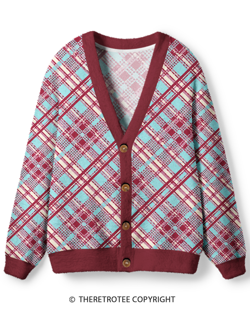 TheRetroTee Vintage 1980s Berry Aqua Plaid Unisex Cardigan Sweater