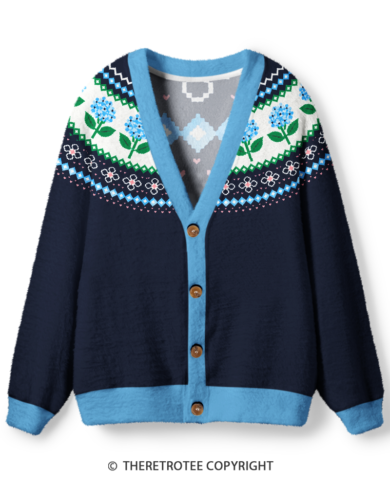 TheRetroTee Vintage 1980s Powder Blue Hydrangea Unisex Cardigan Sweater