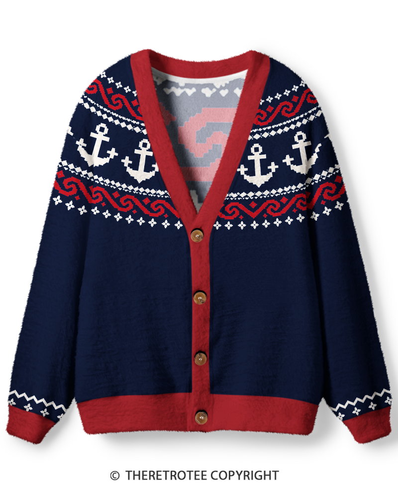 TheRetroTee Vintage 1980s Nautical Anchor Unisex Cardigan Sweater