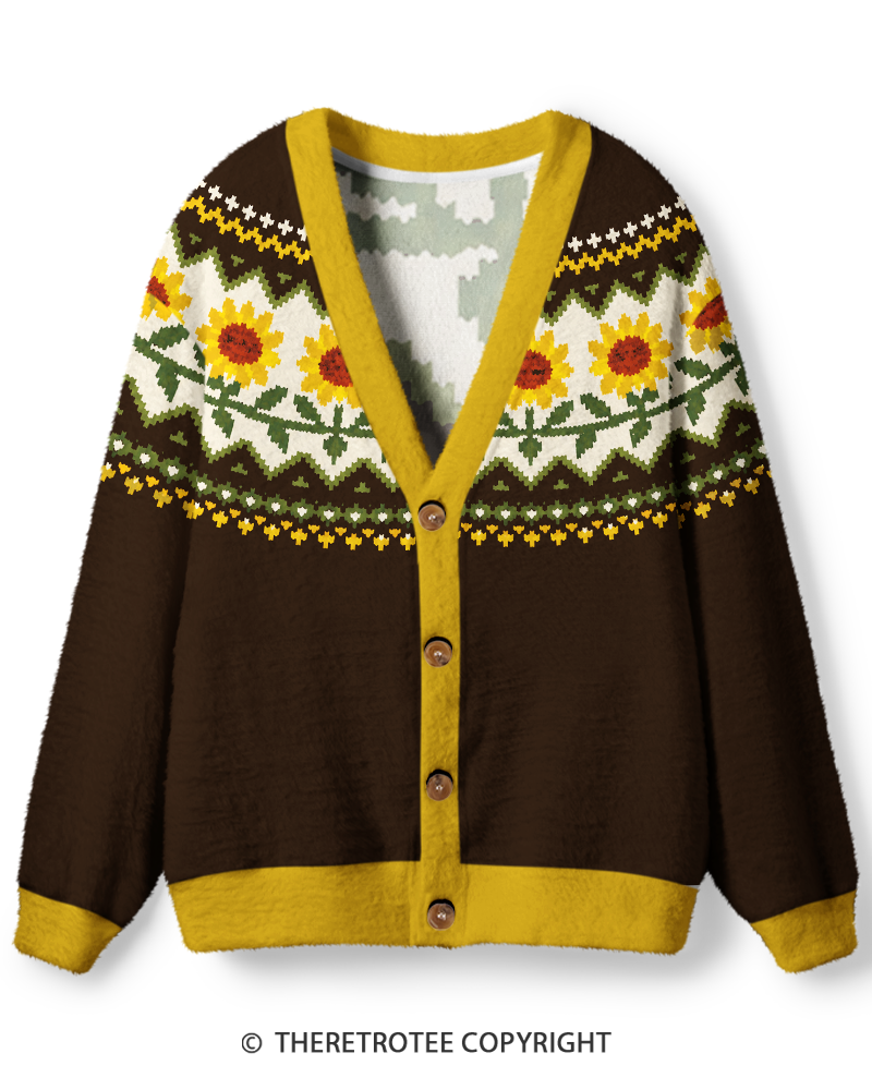 TheRetroTee Vintage 1970s Golden Sunflower Unisex Cardigan Sweater