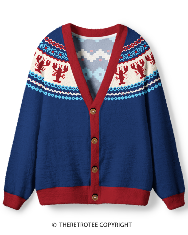 TheRetroTee Vintage 1980s Coastal Lobster Fair Isle Unisex Cardigan Sweater