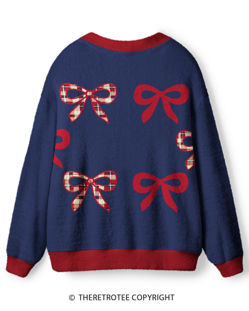TheRetroTee Vintage 1980s Navy Red Ribbon Bow Unisex Cardigan Sweater
